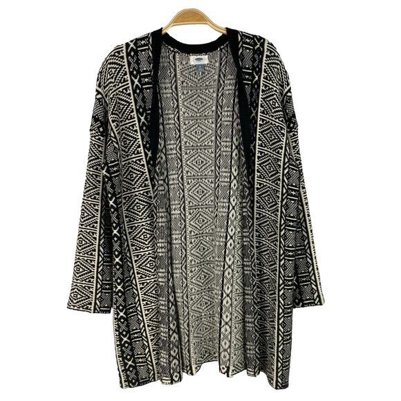 Old Navy Fair Isle Long Cardigan Sweater Women M Black White Southwestern Tribal - Picture 1 of 5